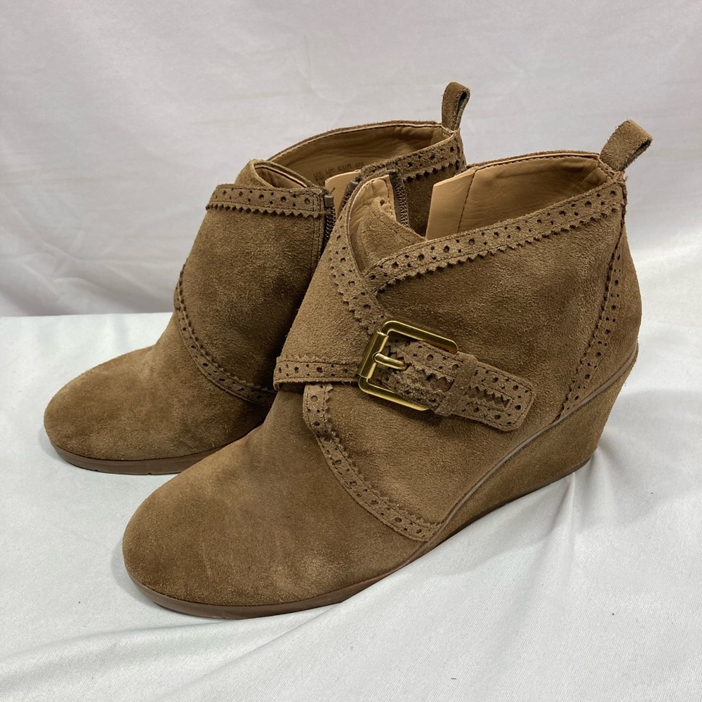 Franco Sarto Tan Wedge Ankle Boots with Buckle Detail